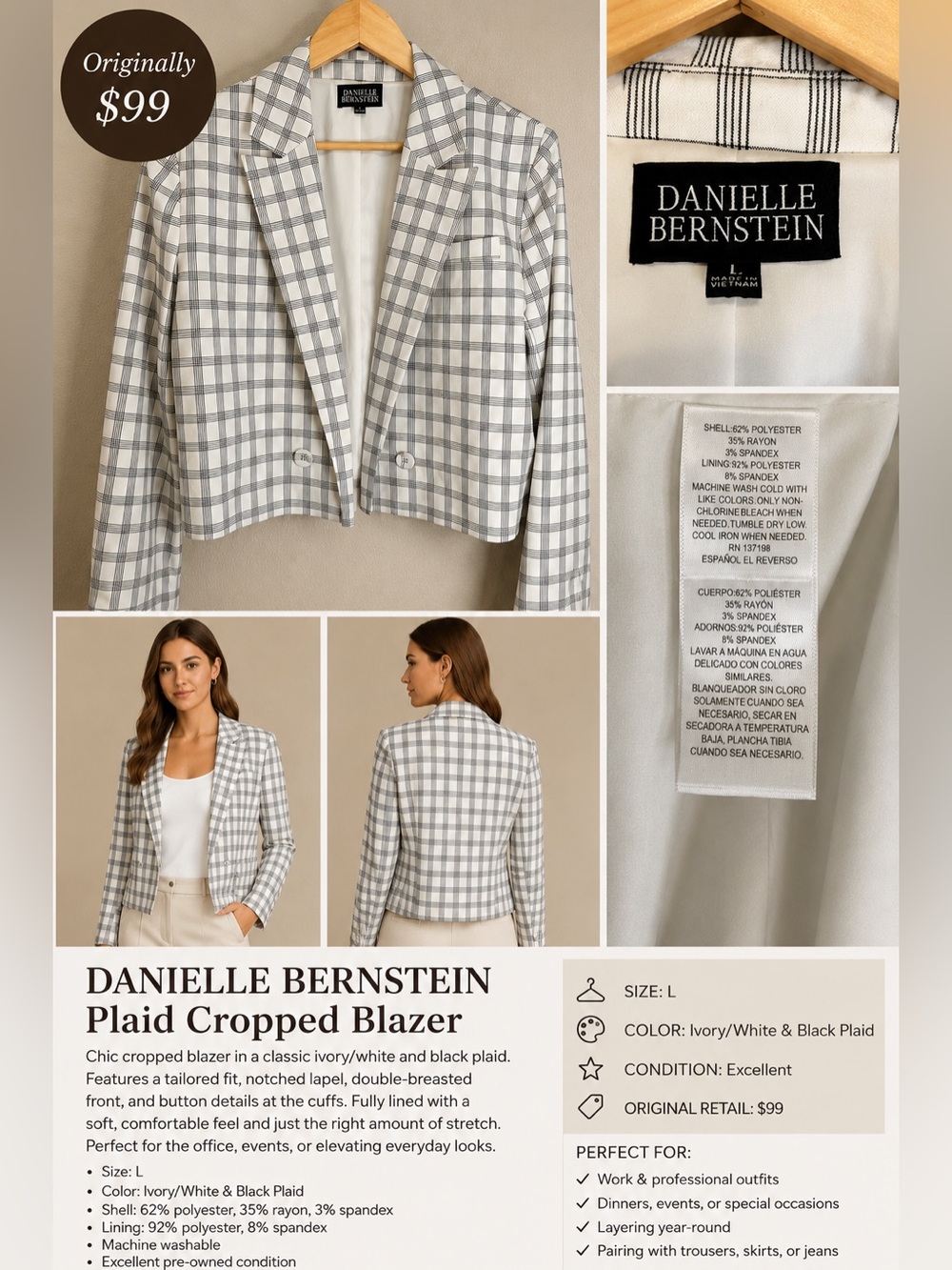 DANIELLE BERNSTEIN White & Black Plaid Cropped Blazer (L)